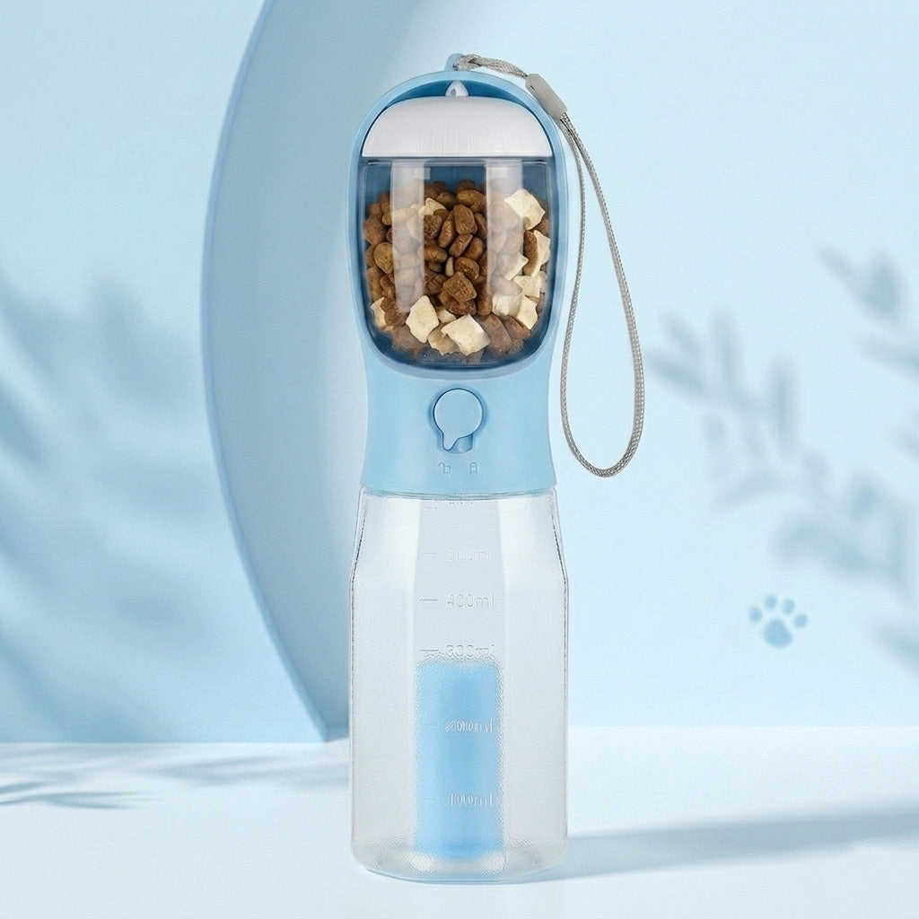 3-in-1 Portable Pet Water & Food Bottle with Poop Bag Holder - Leakproof Travel Dispenser for Dogs & Cats