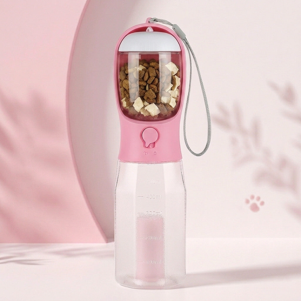 3-in-1 Portable Pet Water & Food Bottle with Poop Bag Holder - Leakproof Travel Dispenser for Dogs & Cats
